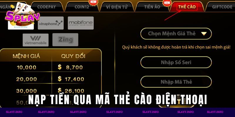 Nạp tiền qua mã thẻ cào điện thoại